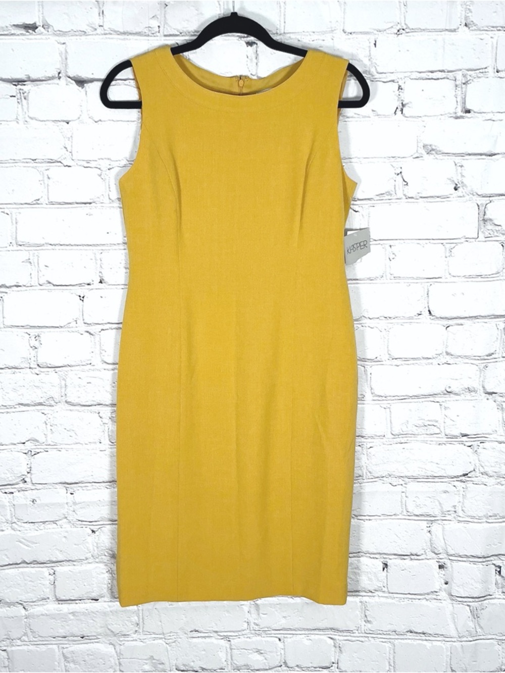 New Kasper Career Dress Yellow Gold Sheath Zipper Kick Pleat Size 4